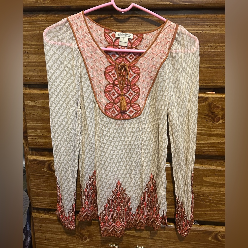Lucky Brand Patterned Top with Red and Brown Details